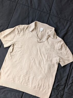 Milano Homme Knit Polo Shirt Tan Beige Short Sleeve Textured